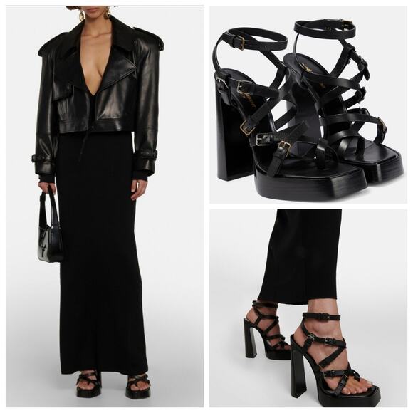 Saint Laurent Platz 38/ US 8 Multi Buckle Strappy Platform Sandal Black Leather - Picture 2 of 14